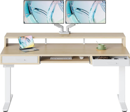 55″ x 26″ Electric Standing Desk with 2 Drawers &24.4″ Large Keyboard Tray, C-Clamp Mount Compatible, Adjustable Computer Desk for Office, Sit Stand Up Desk with 4 Height Presets, Light Walnut