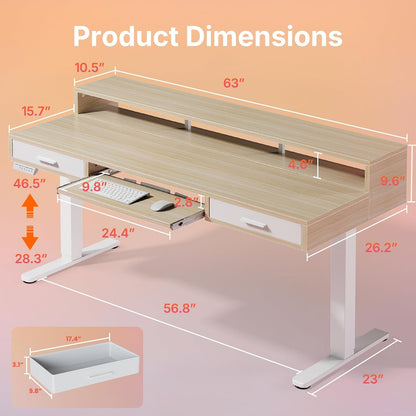 55″ x 26″ Electric Standing Desk with 2 Drawers &24.4″ Large Keyboard Tray, C-Clamp Mount Compatible, Adjustable Computer Desk for Office, Sit Stand Up Desk with 4 Height Presets, Light Walnut