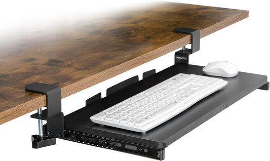 ! 24” Clamp-On Under Desk Keyboard Tray, Slide-Out Keyboard Drawer for Desk, Ergonomic Pull-Out Platform with Smooth Gliding Tracks, No-Drill C-Clamp Mount, Under Desk Keyboard Holder