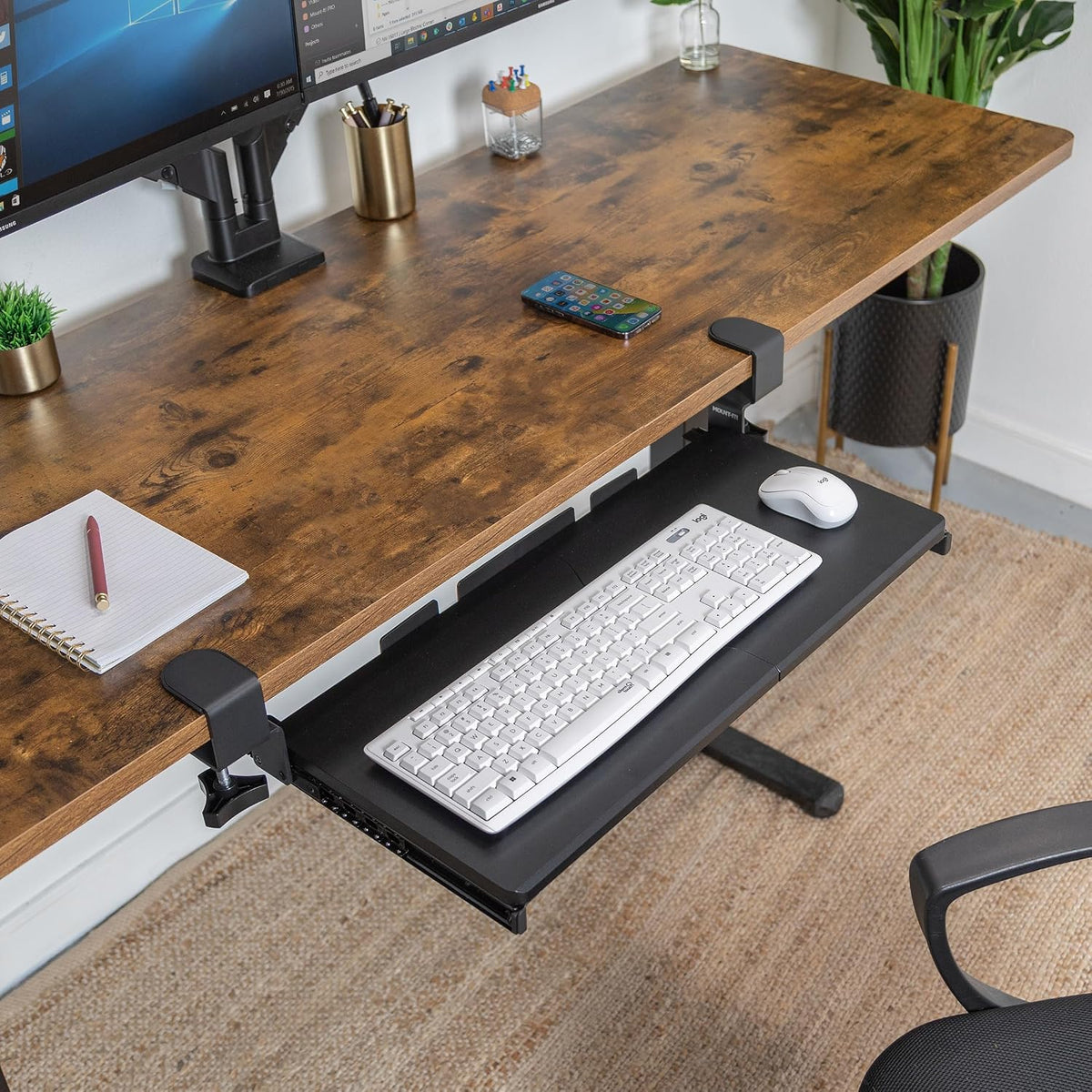 ! 24” Clamp-On Under Desk Keyboard Tray, Slide-Out Keyboard Drawer for Desk, Ergonomic Pull-Out Platform with Smooth Gliding Tracks, No-Drill C-Clamp Mount, Under Desk Keyboard Holder
