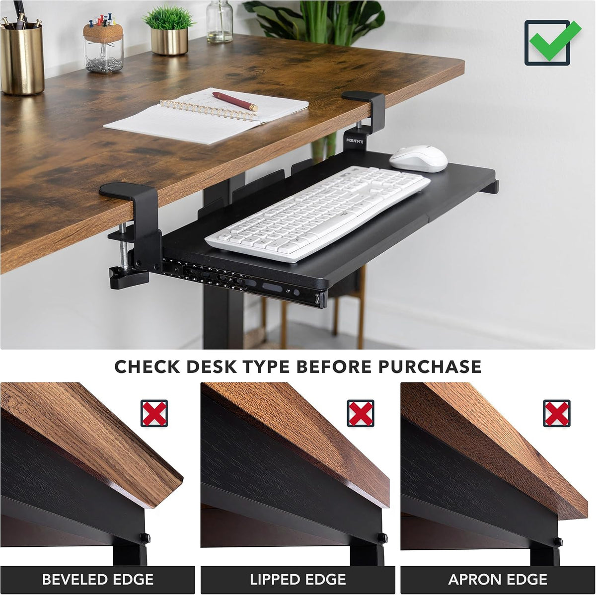 ! 24” Clamp-On Under Desk Keyboard Tray, Slide-Out Keyboard Drawer for Desk, Ergonomic Pull-Out Platform with Smooth Gliding Tracks, No-Drill C-Clamp Mount, Under Desk Keyboard Holder