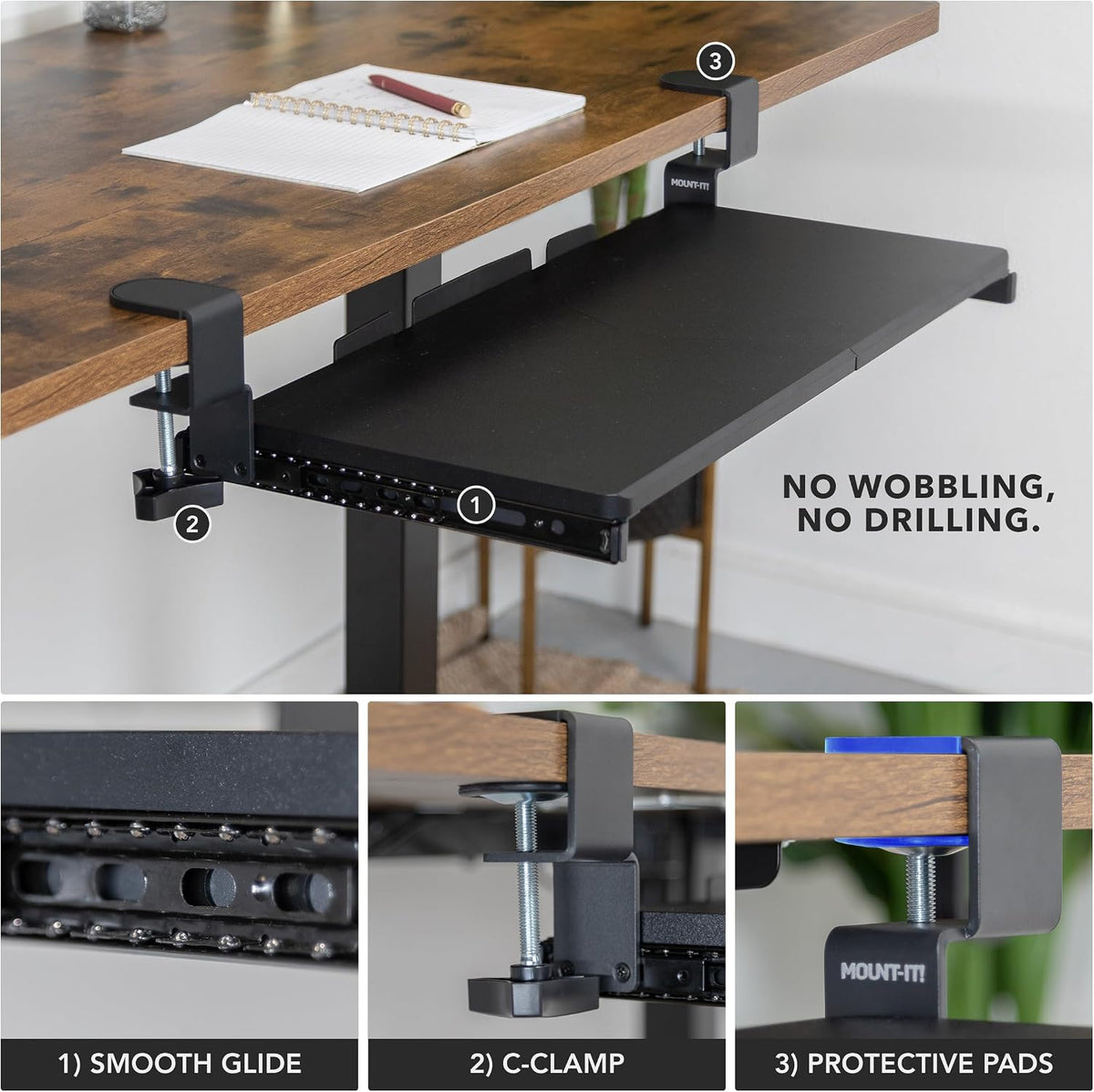 ! 24” Clamp-On Under Desk Keyboard Tray, Slide-Out Keyboard Drawer for Desk, Ergonomic Pull-Out Platform with Smooth Gliding Tracks, No-Drill C-Clamp Mount, Under Desk Keyboard Holder