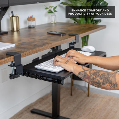 ! 24” Clamp-On Under Desk Keyboard Tray, Slide-Out Keyboard Drawer for Desk, Ergonomic Pull-Out Platform with Smooth Gliding Tracks, No-Drill C-Clamp Mount, Under Desk Keyboard Holder