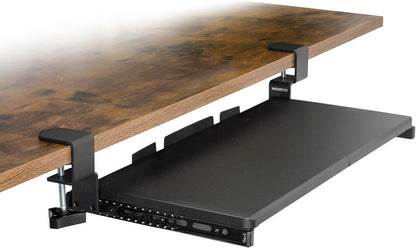 ! 24” Clamp-On Under Desk Keyboard Tray, Slide-Out Keyboard Drawer for Desk, Ergonomic Pull-Out Platform with Smooth Gliding Tracks, No-Drill C-Clamp Mount, Under Desk Keyboard Holder