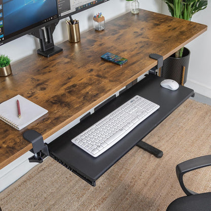 ! 24” Clamp-On Under Desk Keyboard Tray, Slide-Out Keyboard Drawer for Desk, Ergonomic Pull-Out Platform with Smooth Gliding Tracks, No-Drill C-Clamp Mount, Under Desk Keyboard Holder