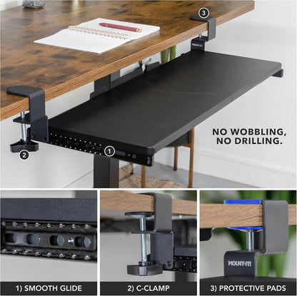 ! 24” Clamp-On Under Desk Keyboard Tray, Slide-Out Keyboard Drawer for Desk, Ergonomic Pull-Out Platform with Smooth Gliding Tracks, No-Drill C-Clamp Mount, Under Desk Keyboard Holder