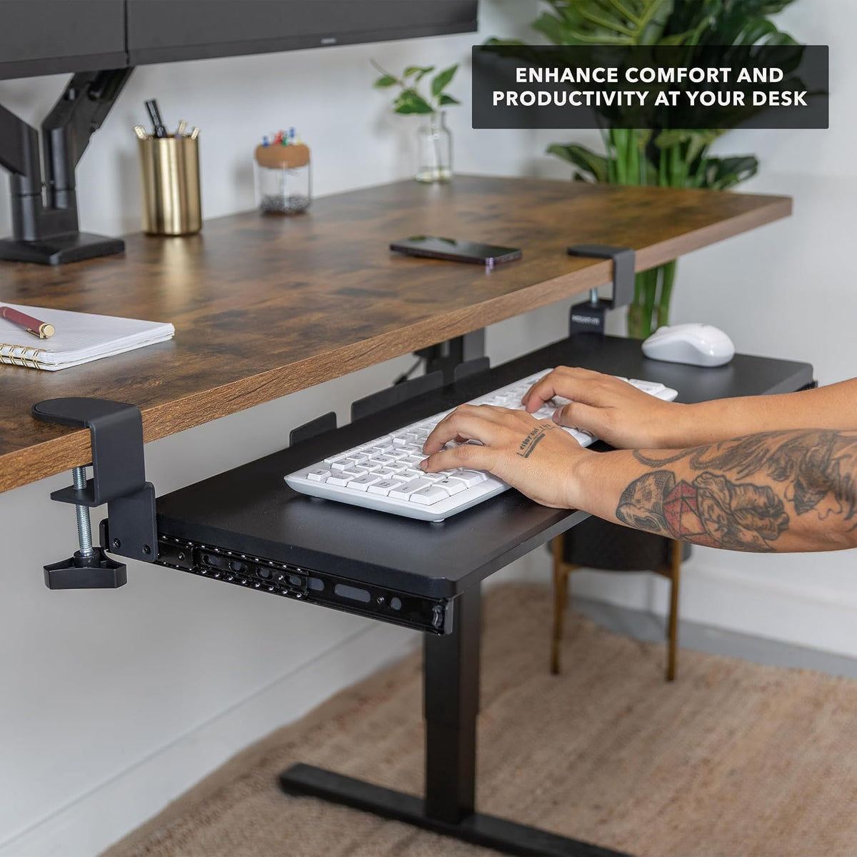 ! 24” Clamp-On Under Desk Keyboard Tray, Slide-Out Keyboard Drawer for Desk, Ergonomic Pull-Out Platform with Smooth Gliding Tracks, No-Drill C-Clamp Mount, Under Desk Keyboard Holder