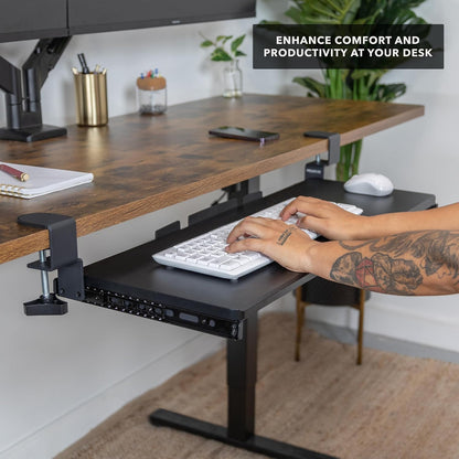 ! 24” Clamp-On Under Desk Keyboard Tray, Slide-Out Keyboard Drawer for Desk, Ergonomic Pull-Out Platform with Smooth Gliding Tracks, No-Drill C-Clamp Mount, Under Desk Keyboard Holder