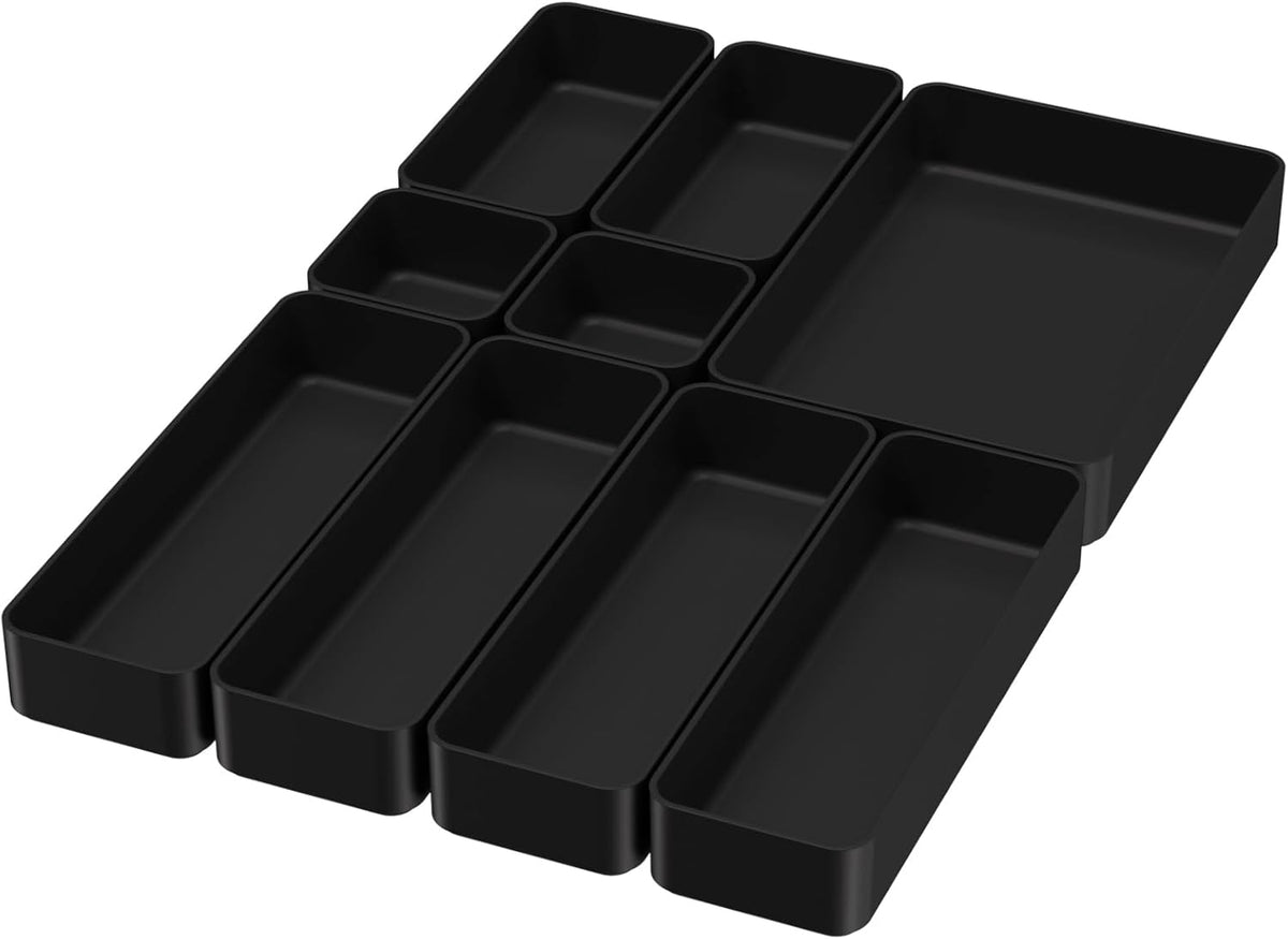 Black Bathroom Drawer Organizer Trays: 9 PC Stackable Desk Organizers Bin