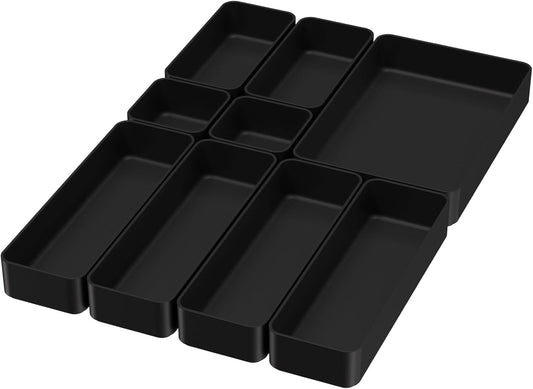 Black Bathroom Drawer Organizer Trays: 9 PC Stackable Desk Organizers Bin