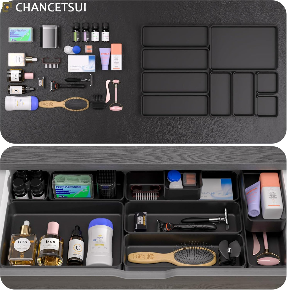 Black Bathroom Drawer Organizer Trays: 9 PC Stackable Desk Organizers Bin