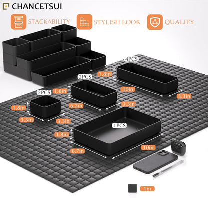 Black Bathroom Drawer Organizer Trays: 9 PC Stackable Desk Organizers Bin