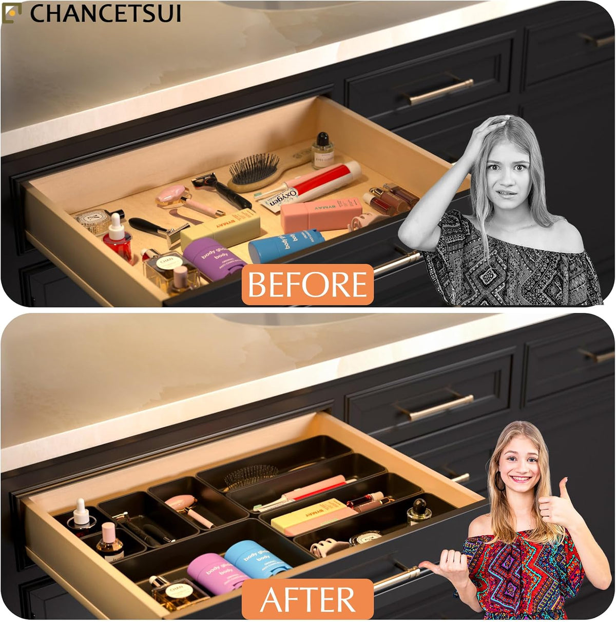 Black Bathroom Drawer Organizer Trays: 9 PC Stackable Desk Organizers Bin