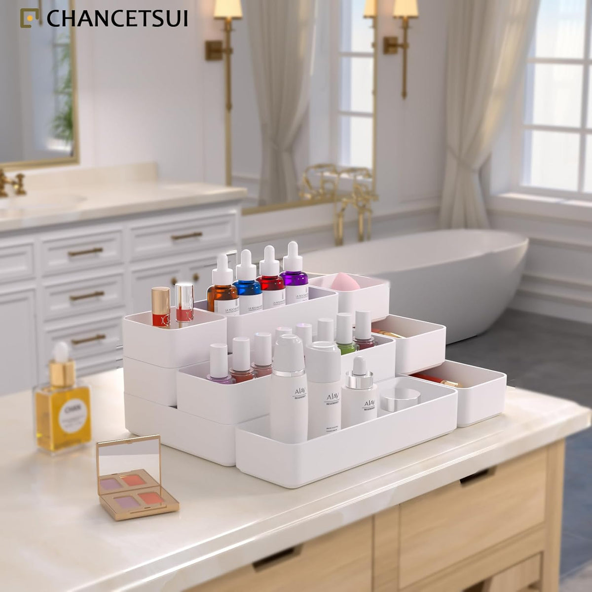 Black Bathroom Drawer Organizer Trays: 9 PC Stackable Desk Organizers Bin