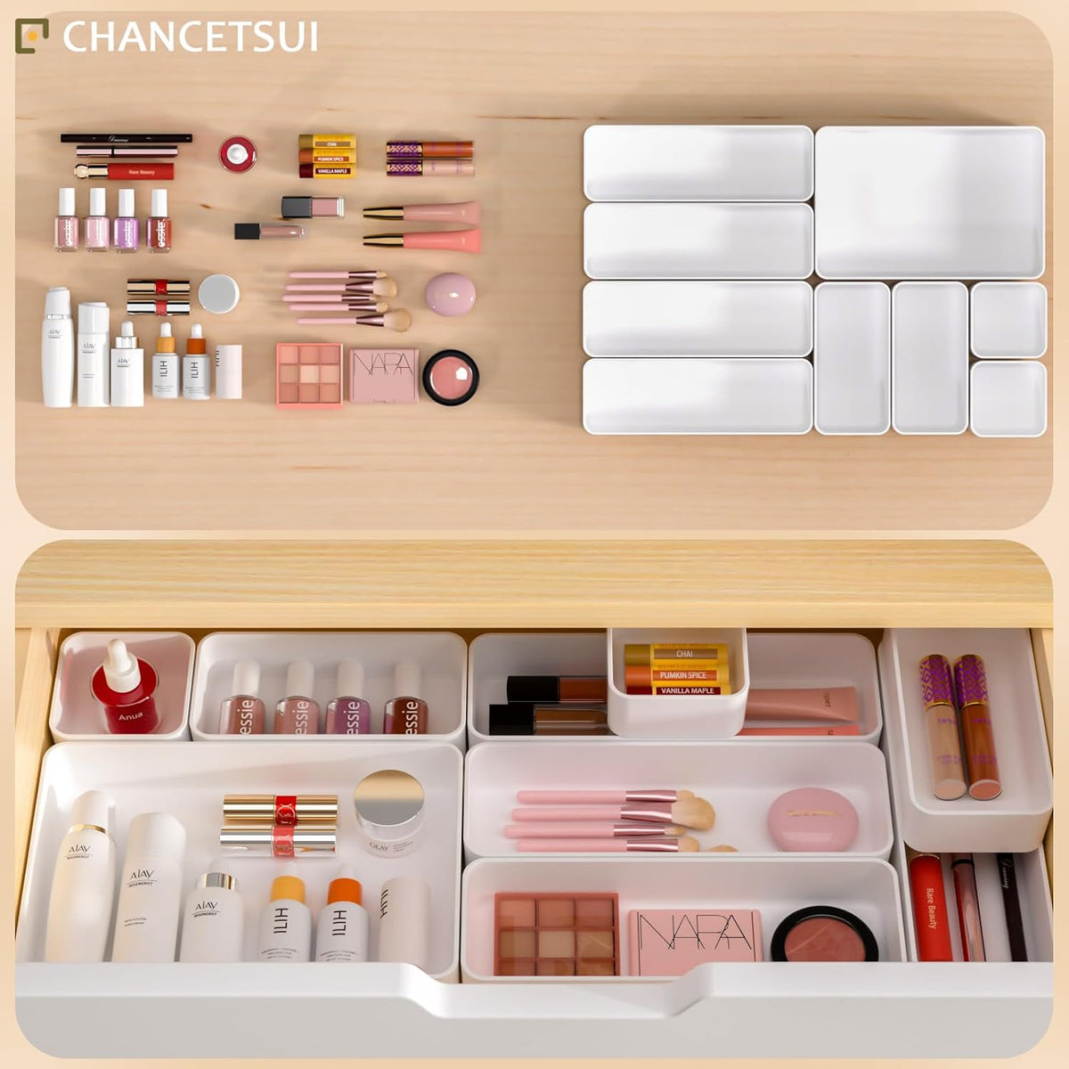 Black Bathroom Drawer Organizer Trays: 9 PC Stackable Desk Organizers Bin