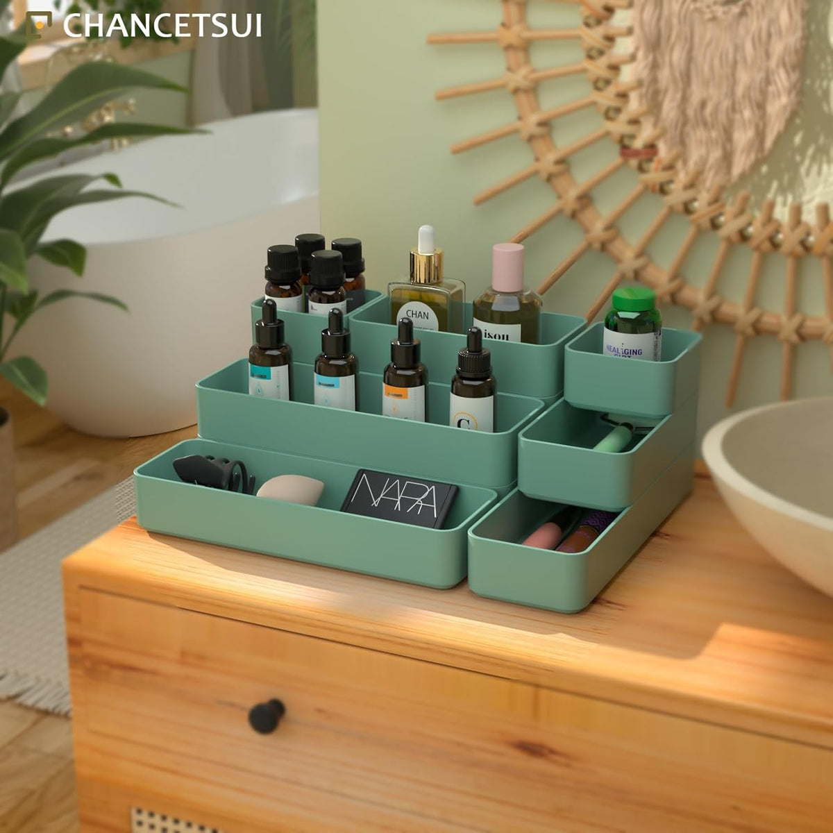 Black Bathroom Drawer Organizer Trays: 9 PC Stackable Desk Organizers Bin