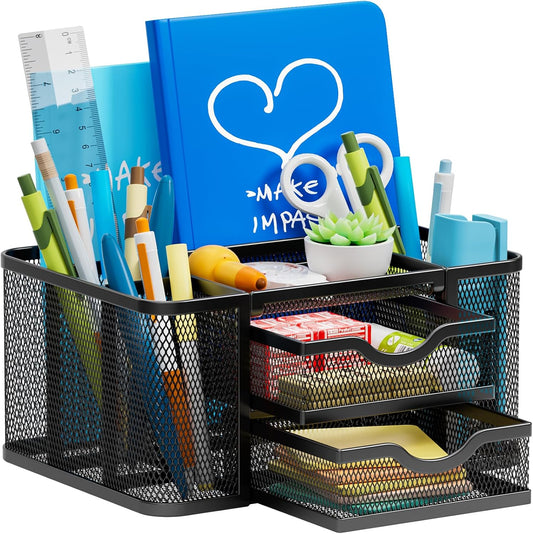 Mesh Desk Organizer, Pen Organizer with 2 Drawer, Multi-Functional Pencil Holder, Desk Organizers and Accessories with 5 Compartments + Drawer for Office Art Supplies (Black)