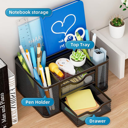 Mesh Desk Organizer, Pen Organizer with 2 Drawer, Multi-Functional Pencil Holder, Desk Organizers and Accessories with 5 Compartments + Drawer for Office Art Supplies (Black)