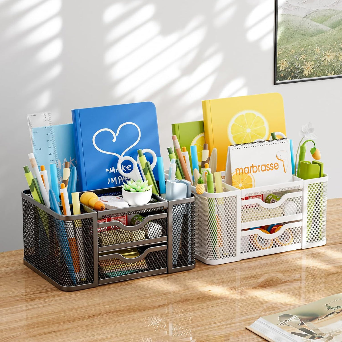 Mesh Desk Organizer, Pen Organizer with 2 Drawer, Multi-Functional Pencil Holder, Desk Organizers and Accessories with 5 Compartments + Drawer for Office Art Supplies (Black)