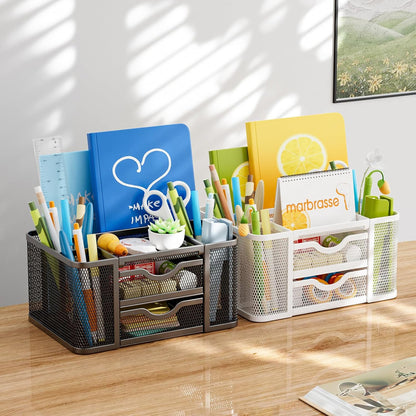 Mesh Desk Organizer, Pen Organizer with 2 Drawer, Multi-Functional Pencil Holder, Desk Organizers and Accessories with 5 Compartments + Drawer for Office Art Supplies (Black)