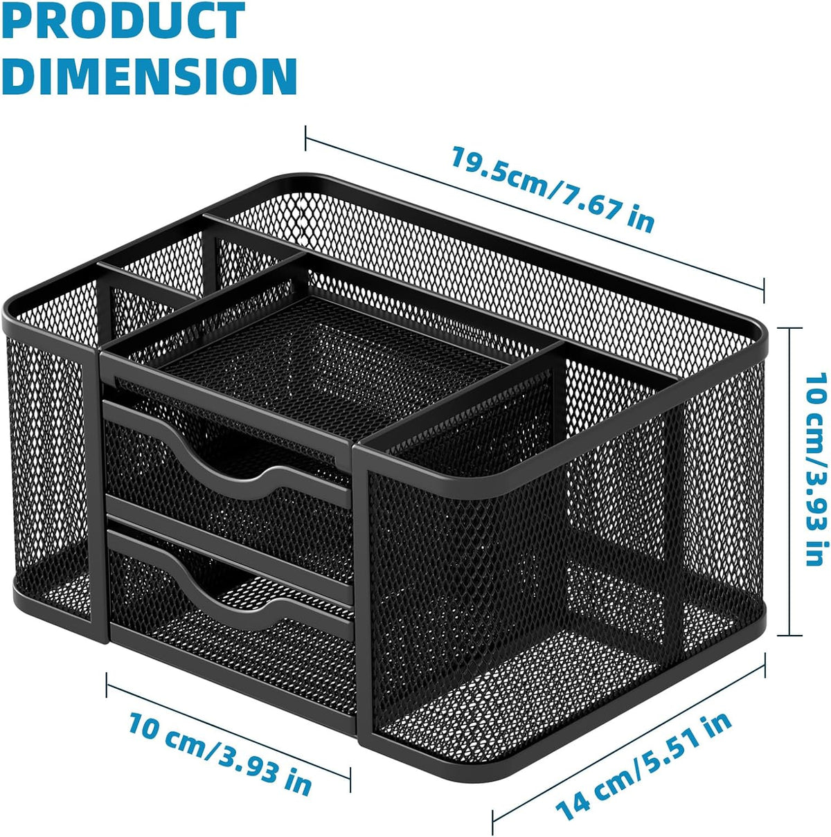 Mesh Desk Organizer, Pen Organizer with 2 Drawer, Multi-Functional Pencil Holder, Desk Organizers and Accessories with 5 Compartments + Drawer for Office Art Supplies (Black)