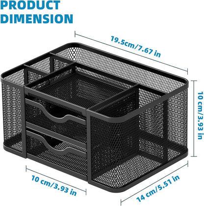 Mesh Desk Organizer, Pen Organizer with 2 Drawer, Multi-Functional Pencil Holder, Desk Organizers and Accessories with 5 Compartments + Drawer for Office Art Supplies (Black)