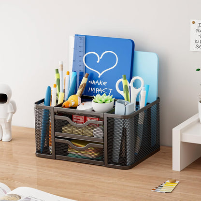 Mesh Desk Organizer, Pen Organizer with 2 Drawer, Multi-Functional Pencil Holder, Desk Organizers and Accessories with 5 Compartments + Drawer for Office Art Supplies (Black)