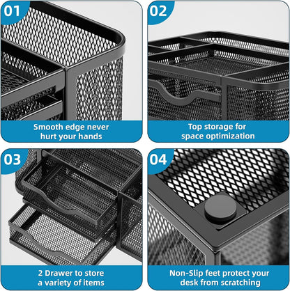 Mesh Desk Organizer, Pen Organizer with 2 Drawer, Multi-Functional Pencil Holder, Desk Organizers and Accessories with 5 Compartments + Drawer for Office Art Supplies (Black)