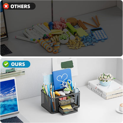 Mesh Desk Organizer, Pen Organizer with 2 Drawer, Multi-Functional Pencil Holder, Desk Organizers and Accessories with 5 Compartments + Drawer for Office Art Supplies (Black)