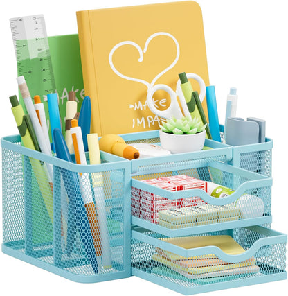 Mesh Desk Organizer, Pen Organizer with 2 Drawer, Multi-Functional Pencil Holder, Desk Organizers and Accessories with 5 Compartments + Drawer for Office Art Supplies (Black)