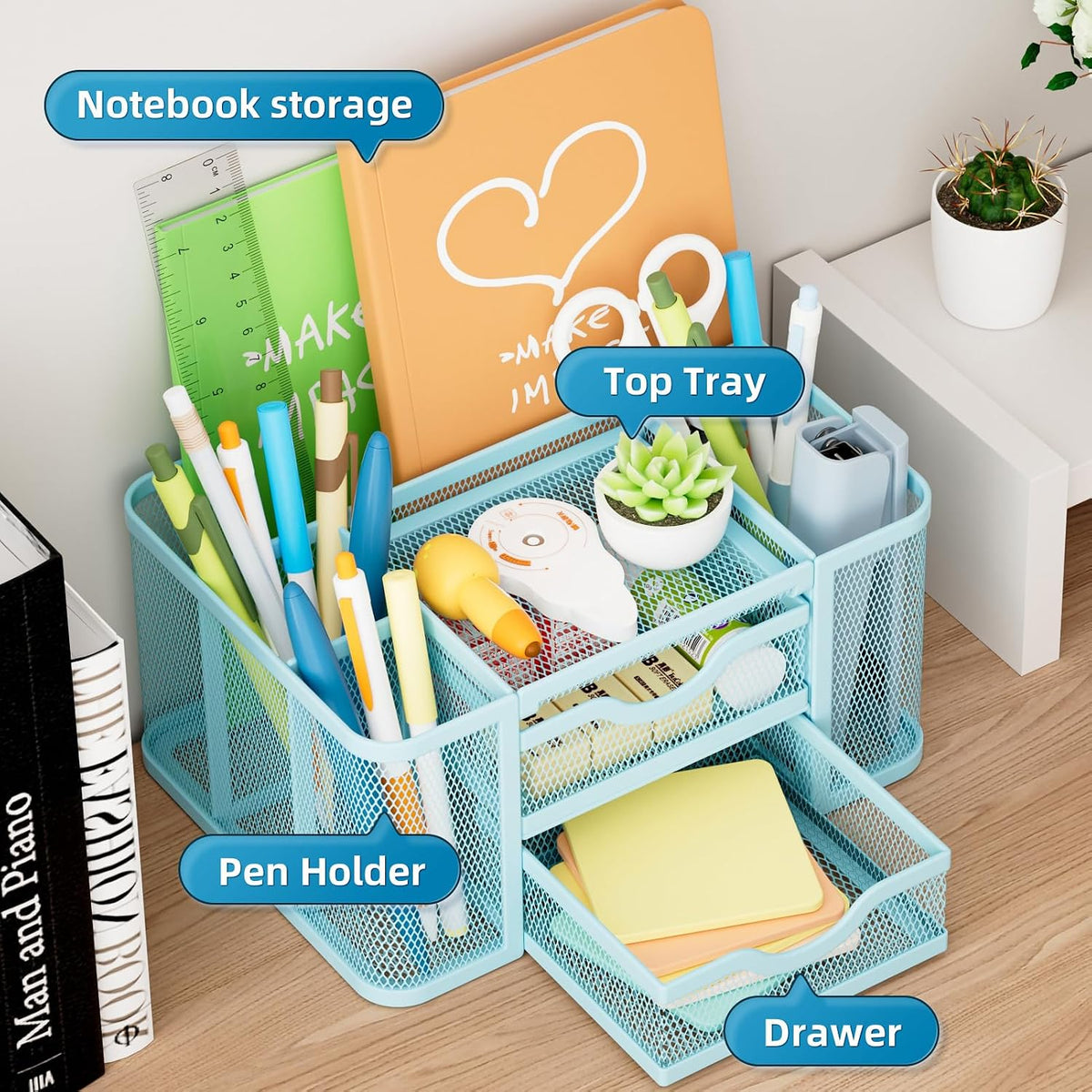 Mesh Desk Organizer, Pen Organizer with 2 Drawer, Multi-Functional Pencil Holder, Desk Organizers and Accessories with 5 Compartments + Drawer for Office Art Supplies (Black)