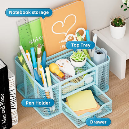 Mesh Desk Organizer, Pen Organizer with 2 Drawer, Multi-Functional Pencil Holder, Desk Organizers and Accessories with 5 Compartments + Drawer for Office Art Supplies (Black)
