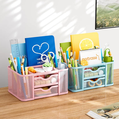 Mesh Desk Organizer, Pen Organizer with 2 Drawer, Multi-Functional Pencil Holder, Desk Organizers and Accessories with 5 Compartments + Drawer for Office Art Supplies (Black)