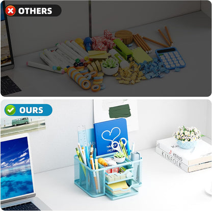 Mesh Desk Organizer, Pen Organizer with 2 Drawer, Multi-Functional Pencil Holder, Desk Organizers and Accessories with 5 Compartments + Drawer for Office Art Supplies (Black)