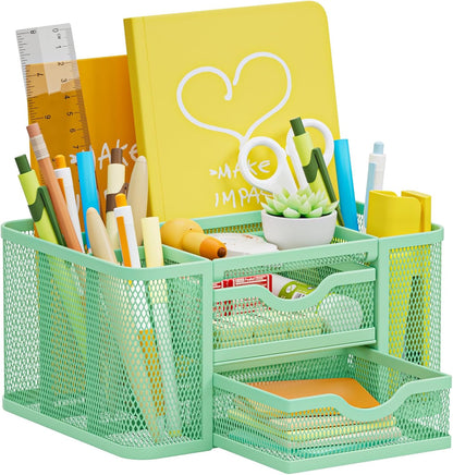 Mesh Desk Organizer, Pen Organizer with 2 Drawer, Multi-Functional Pencil Holder, Desk Organizers and Accessories with 5 Compartments + Drawer for Office Art Supplies (Black)