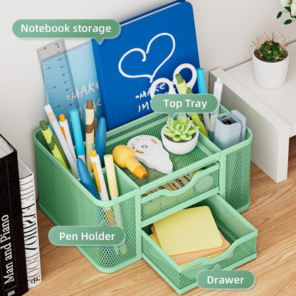 Mesh Desk Organizer, Pen Organizer with 2 Drawer, Multi-Functional Pencil Holder, Desk Organizers and Accessories with 5 Compartments + Drawer for Office Art Supplies (Black)