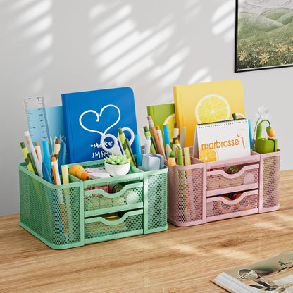 Mesh Desk Organizer, Pen Organizer with 2 Drawer, Multi-Functional Pencil Holder, Desk Organizers and Accessories with 5 Compartments + Drawer for Office Art Supplies (Black)
