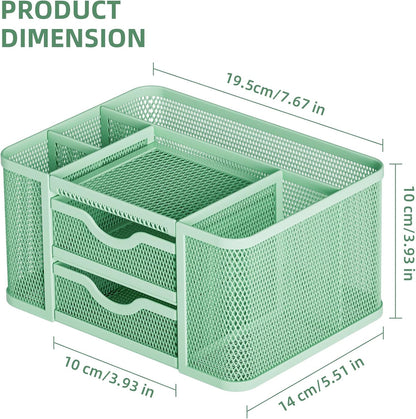 Mesh Desk Organizer, Pen Organizer with 2 Drawer, Multi-Functional Pencil Holder, Desk Organizers and Accessories with 5 Compartments + Drawer for Office Art Supplies (Black)
