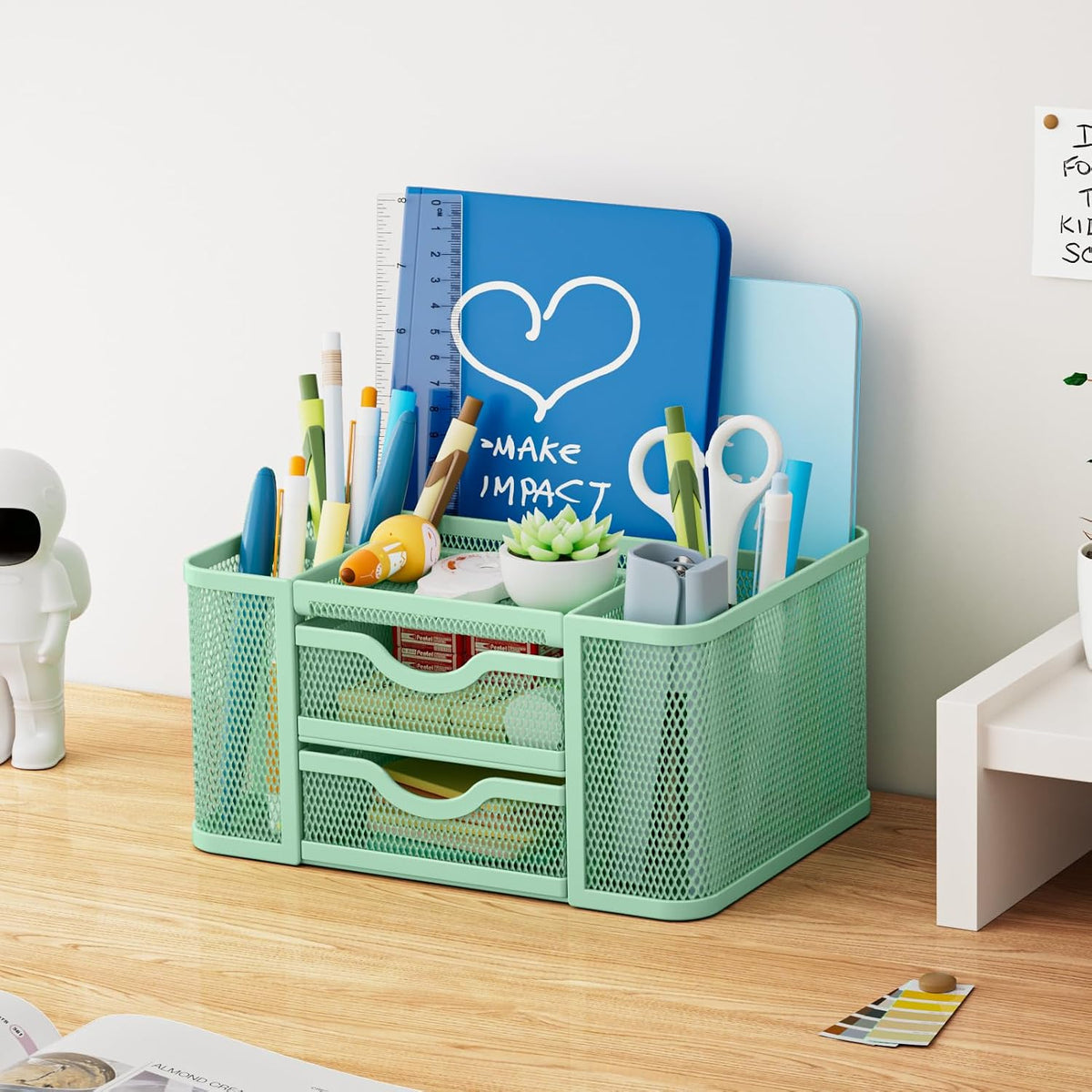 Mesh Desk Organizer, Pen Organizer with 2 Drawer, Multi-Functional Pencil Holder, Desk Organizers and Accessories with 5 Compartments + Drawer for Office Art Supplies (Black)