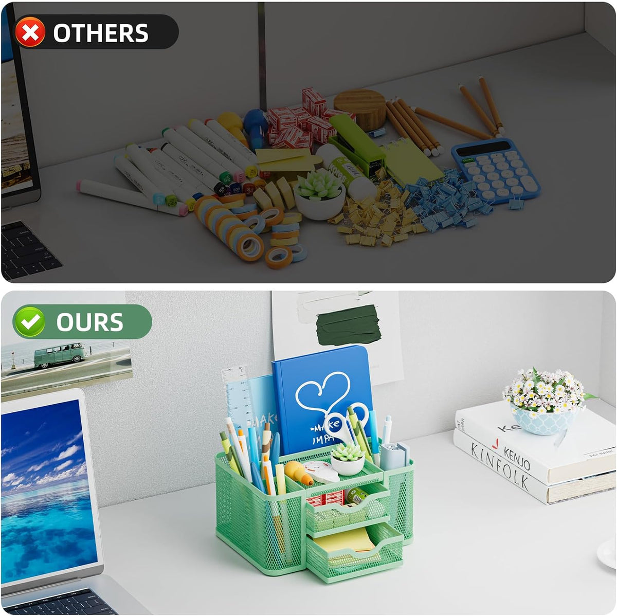 Mesh Desk Organizer, Pen Organizer with 2 Drawer, Multi-Functional Pencil Holder, Desk Organizers and Accessories with 5 Compartments + Drawer for Office Art Supplies (Black)