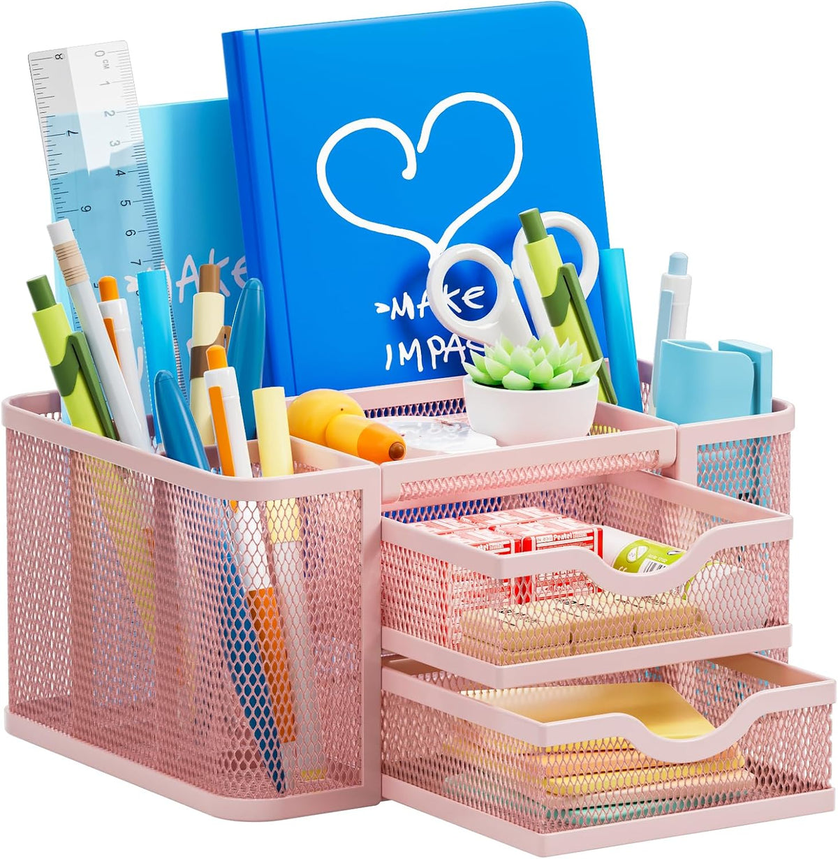 Mesh Desk Organizer, Pen Organizer with 2 Drawer, Multi-Functional Pencil Holder, Desk Organizers and Accessories with 5 Compartments + Drawer for Office Art Supplies (Black)