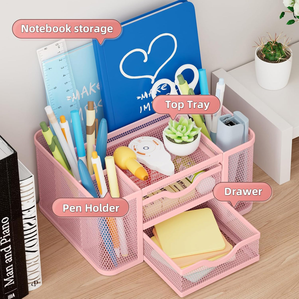 Mesh Desk Organizer, Pen Organizer with 2 Drawer, Multi-Functional Pencil Holder, Desk Organizers and Accessories with 5 Compartments + Drawer for Office Art Supplies (Black)