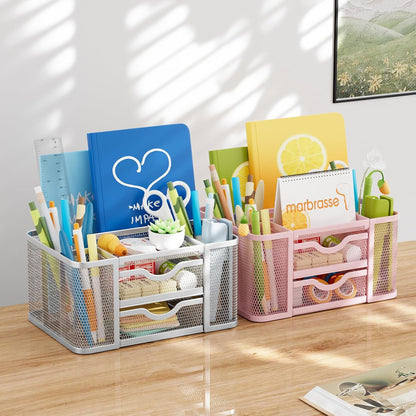 Mesh Desk Organizer, Pen Organizer with 2 Drawer, Multi-Functional Pencil Holder, Desk Organizers and Accessories with 5 Compartments + Drawer for Office Art Supplies (Black)