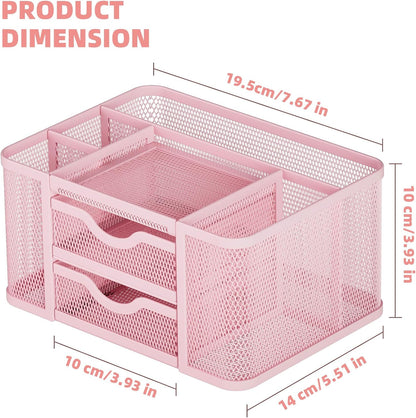 Mesh Desk Organizer, Pen Organizer with 2 Drawer, Multi-Functional Pencil Holder, Desk Organizers and Accessories with 5 Compartments + Drawer for Office Art Supplies (Black)