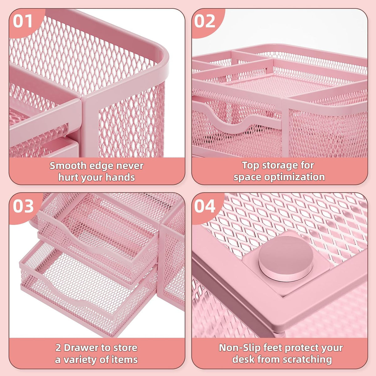 Mesh Desk Organizer, Pen Organizer with 2 Drawer, Multi-Functional Pencil Holder, Desk Organizers and Accessories with 5 Compartments + Drawer for Office Art Supplies (Black)