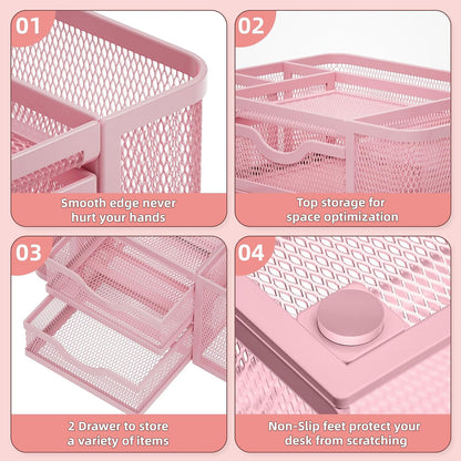 Mesh Desk Organizer, Pen Organizer with 2 Drawer, Multi-Functional Pencil Holder, Desk Organizers and Accessories with 5 Compartments + Drawer for Office Art Supplies (Black)