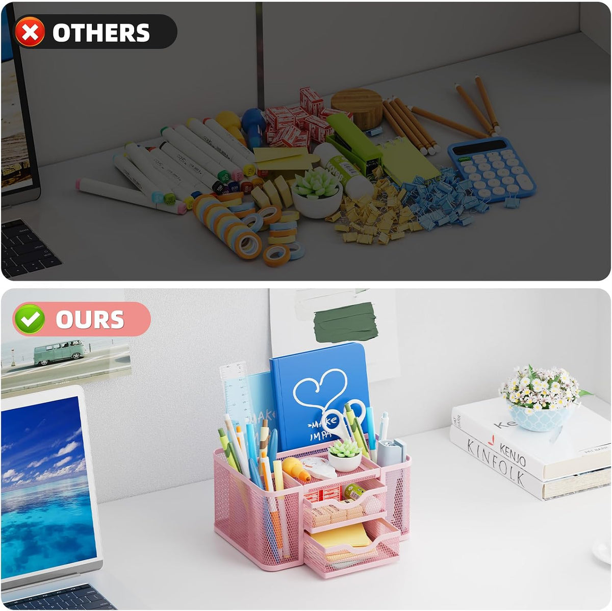 Mesh Desk Organizer, Pen Organizer with 2 Drawer, Multi-Functional Pencil Holder, Desk Organizers and Accessories with 5 Compartments + Drawer for Office Art Supplies (Black)
