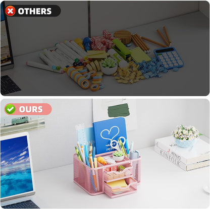 Mesh Desk Organizer, Pen Organizer with 2 Drawer, Multi-Functional Pencil Holder, Desk Organizers and Accessories with 5 Compartments + Drawer for Office Art Supplies (Black)