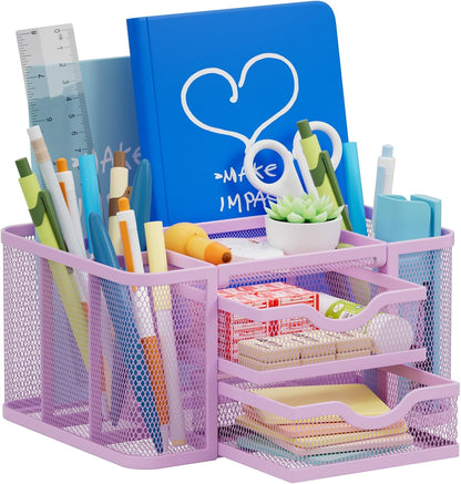 Mesh Desk Organizer, Pen Organizer with 2 Drawer, Multi-Functional Pencil Holder, Desk Organizers and Accessories with 5 Compartments + Drawer for Office Art Supplies (Black)