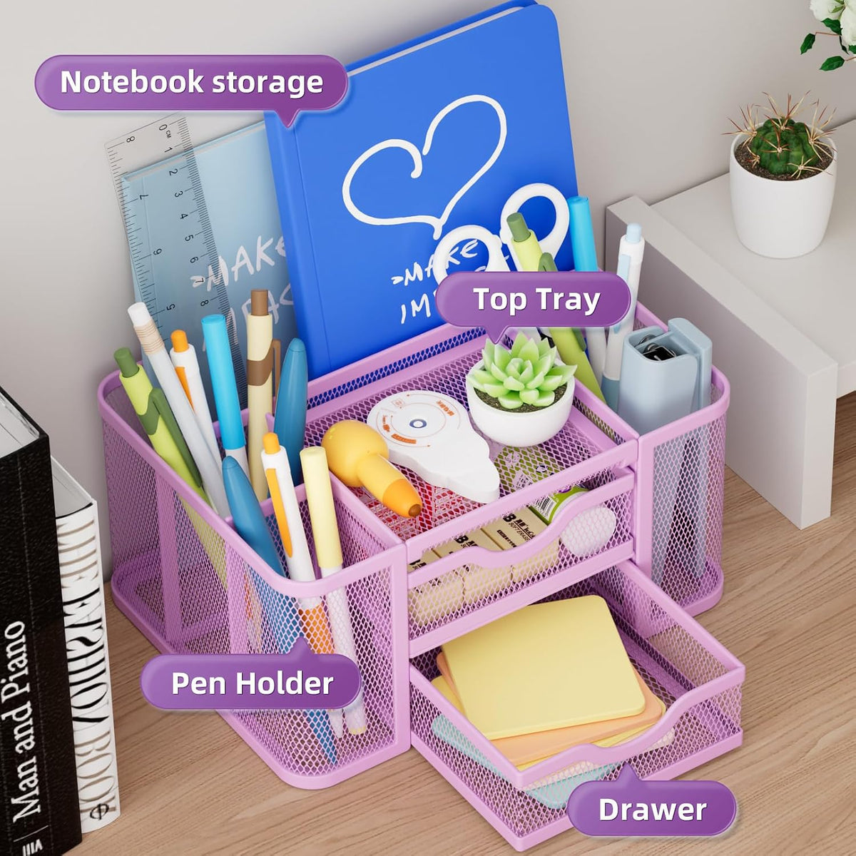 Mesh Desk Organizer, Pen Organizer with 2 Drawer, Multi-Functional Pencil Holder, Desk Organizers and Accessories with 5 Compartments + Drawer for Office Art Supplies (Black)